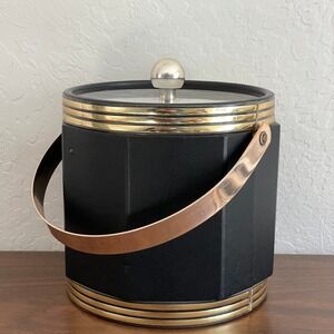 Vintage Barware Ice Bucket Gold Black MCM Bar Cart Lid Handle Party Taiwan